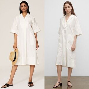 CLUB MONACO Cotton Silk Textured Stripe Short Sleeve V-Neck Midi Shirt Dress M